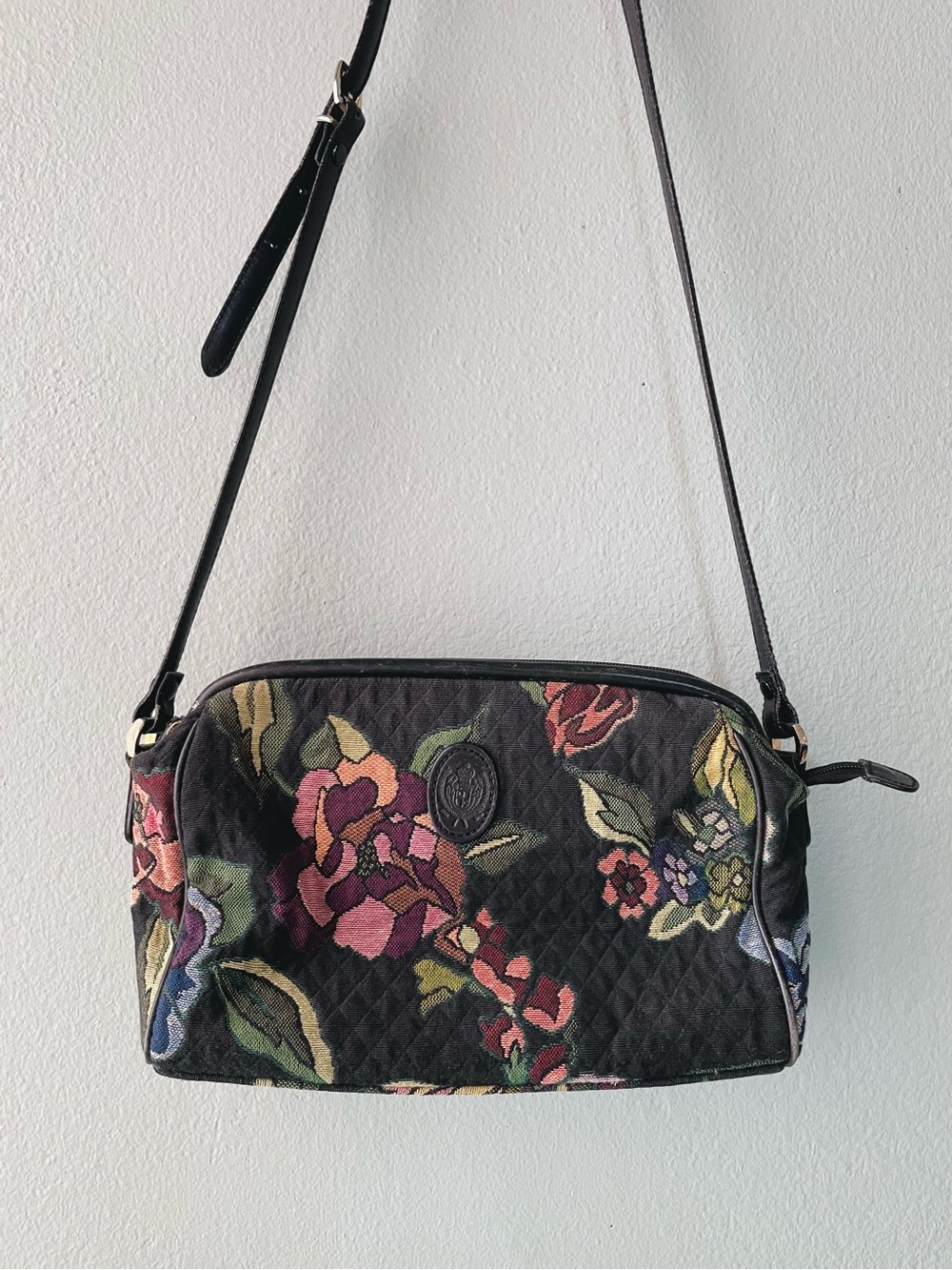 Liz Claiborne | Vintage 1991 Black Floral Tapestry Leather-Trim Crossbody Purse
